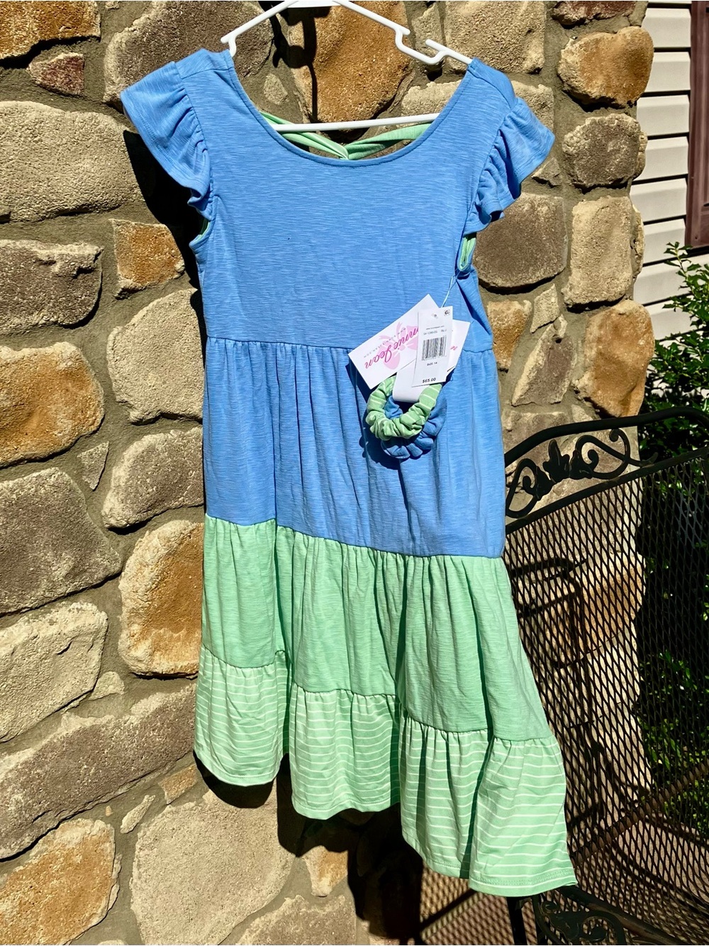 Bonnie Jean Blue and Mint Tiered Knit Summer Dress with Scrunchie